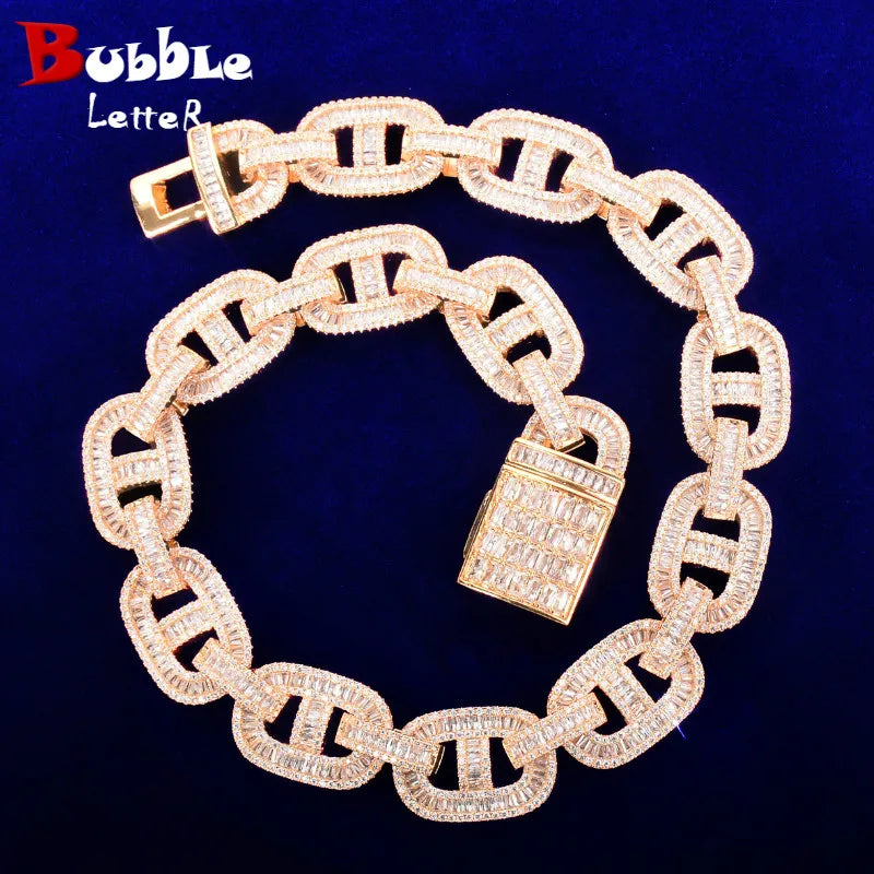 Bubble Letter Baguette Necklace for Men Miami Cuban Link Chain Hip Hop Gold Color Copper Bling Fashion Rock Jewelry Christmas
