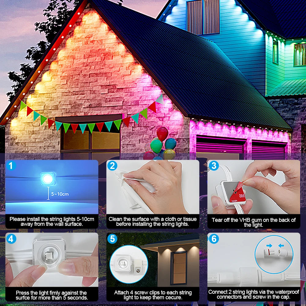 Multicolor Outdoor Eave Light Smart RGB String Lights Permanent LED Wall Light for Ramadan Easter Holiday Garland Decoration