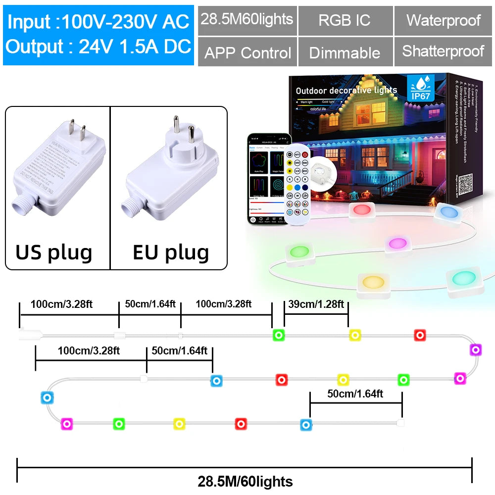 Multicolor Outdoor Eave Light Smart RGB String Lights Permanent LED Wall Light for Ramadan Easter Holiday Garland Decoration