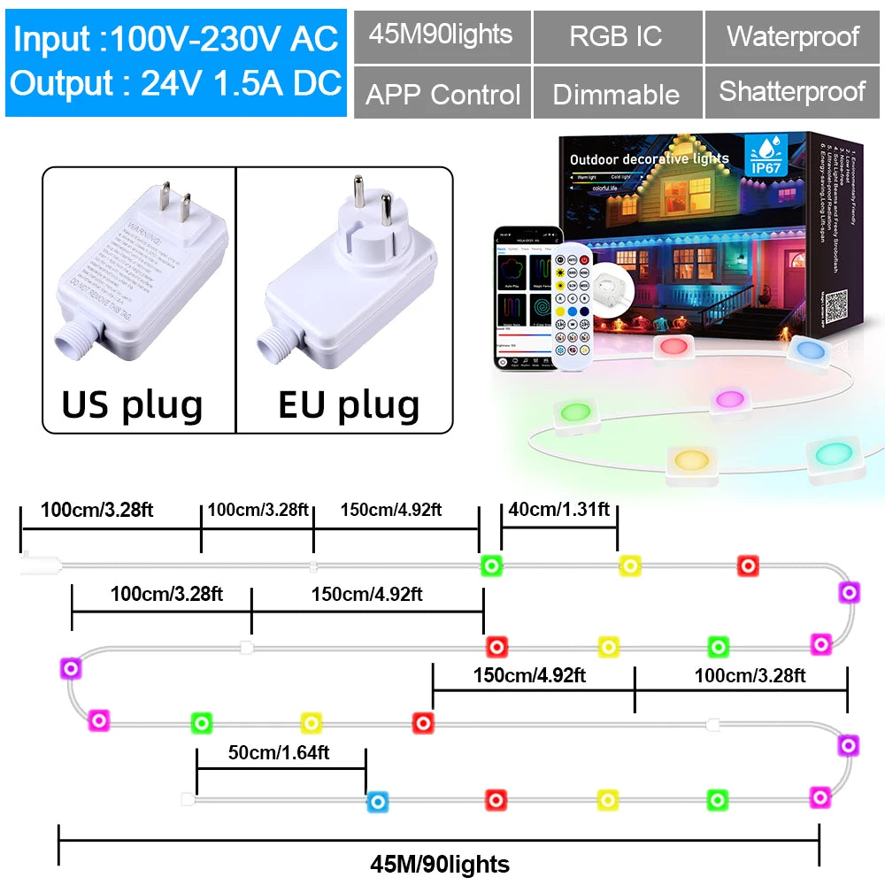 Multicolor Outdoor Eave Light Smart RGB String Lights Permanent LED Wall Light for Ramadan Easter Holiday Garland Decoration