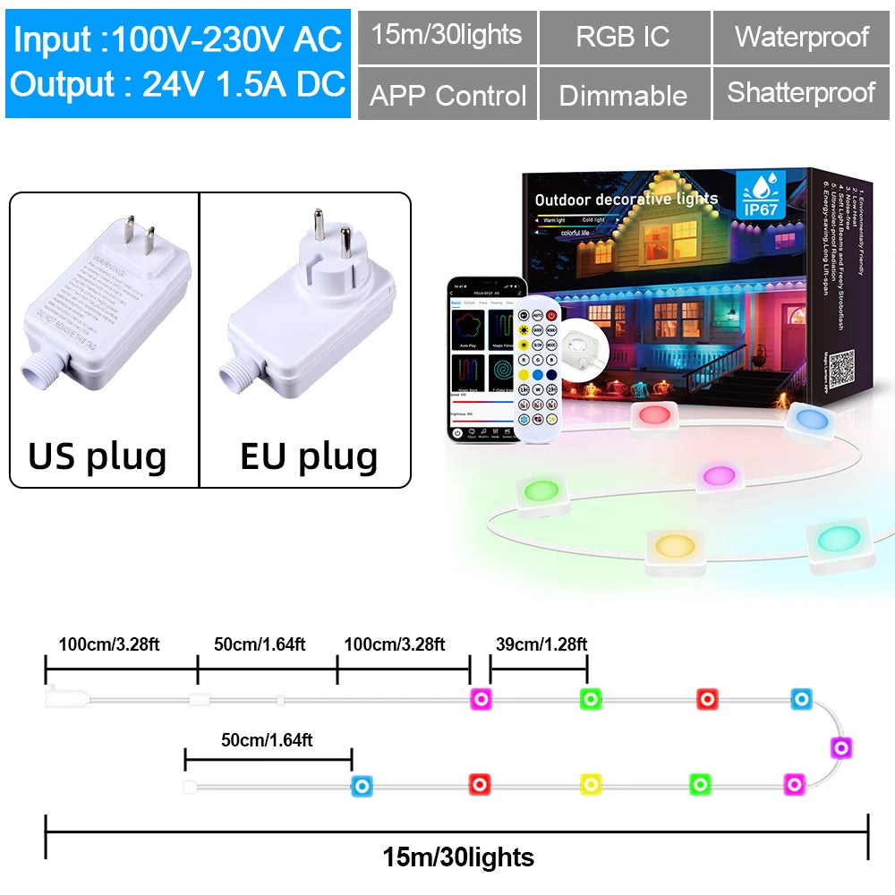 Multicolor Outdoor Eave Light Smart RGB String Lights Permanent LED Wall Light for Ramadan Easter Holiday Garland Decoration